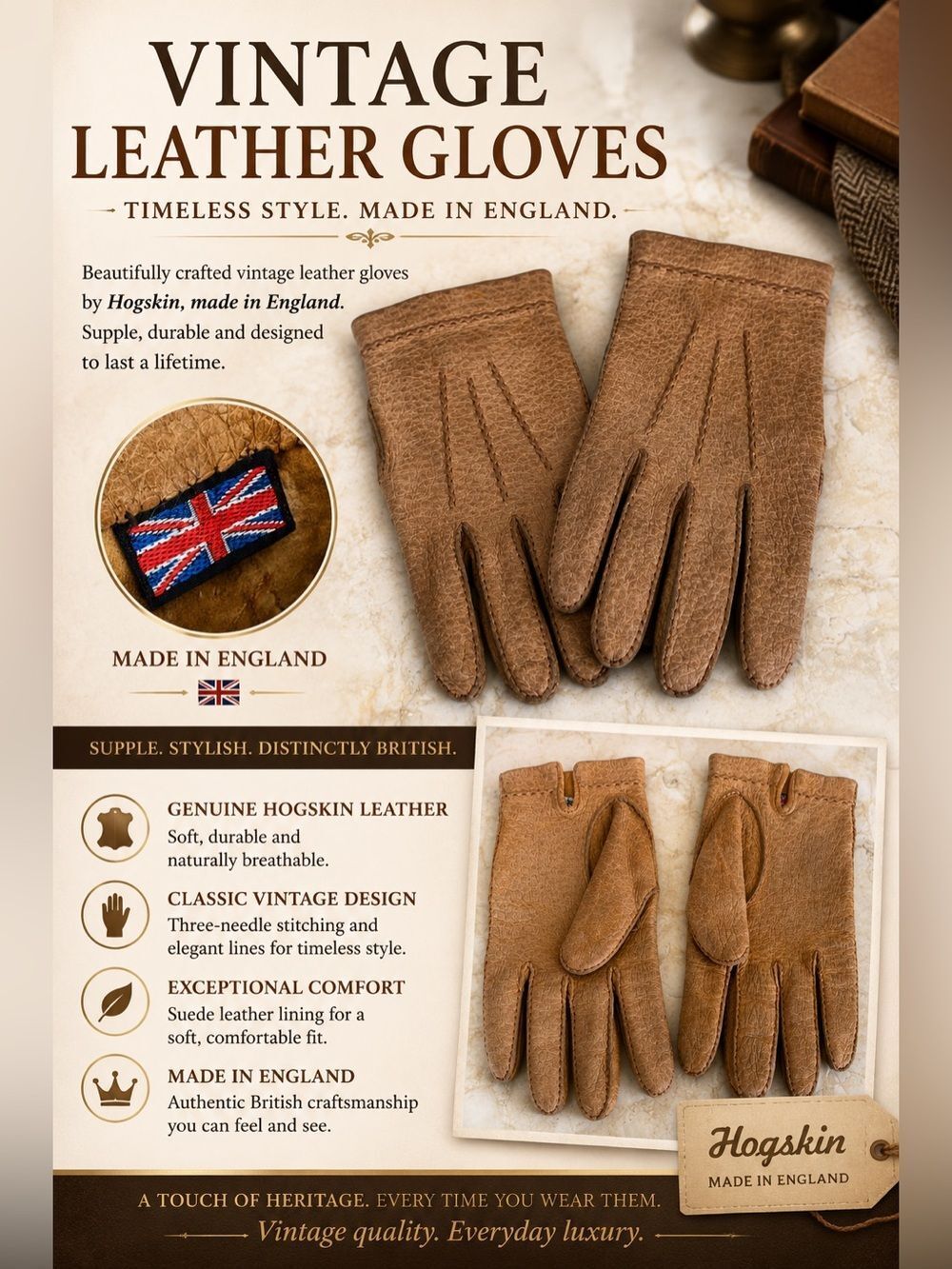 Vintage Hogskin Leather Men’s Gloves – Made in England